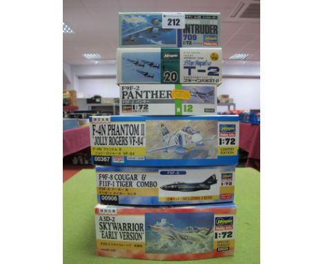 Six Boxed Hasegawa 1:72 Scale Plastic Model Aircraft Kits, #709 Grumman A-6E Intruder, #E20 Blue Impulse T-2, #B12 F9F.2 Pant