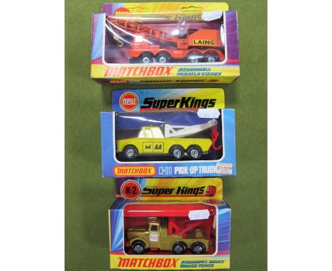 Three Window Boxed Matchbox Super Kings Diecast Commercial Vehicles, #K-2 Scammell Heavy Wreck Truck 'Esso', circa 1971, #K-1
