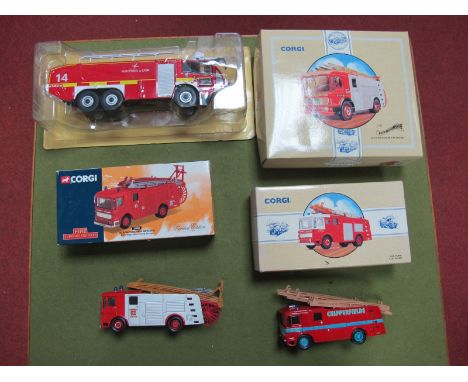 Three Boxed Corgi Classic Diecast Fire Engines, with two loose (mint) and a bubble packed Hachette 'Aeroports De Lyon' Fire T