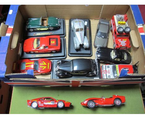 Eleven Diecast Cars by Burago, predominantly 1:24th scale including Bugatti Atlantic (1936), Ferrari GTO (1984), Land Rover "