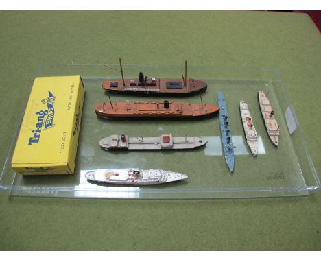 Seven Waterline Ships, predominantly 1:1200 scale diecast and wooden, including Tri-ang #M.721 Royal Yacht Britannia, Tri-ang