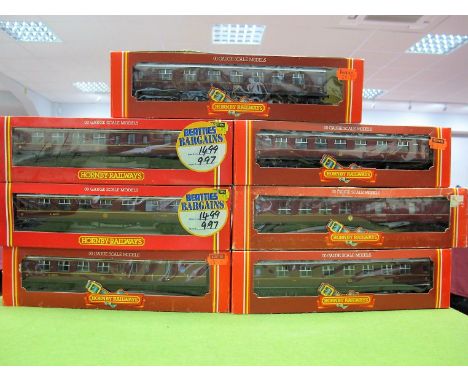 Seven Boxed Hornby "OO" Gauge LMS Liveried Coaches, including #R.474 LMS Composite Coach R/No. 3934, not always in correct bo
