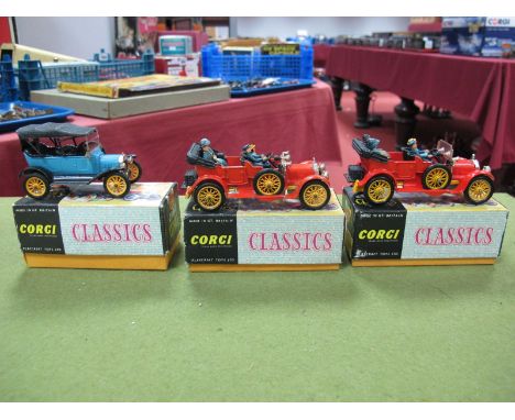 Three Boxed Original Corgi Classics, #9013 1915 Model "T" Ford blue/black body, detachable hood, spare wheel, driver cranks, 