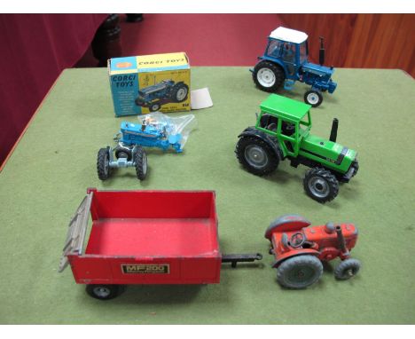 Two Britains 1:32nd Scale Diecast Tractors, including a Deutz DX100 and Ford 6600, with a Massey Ferguson MF200 tipping trail