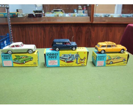 Three Boxed Original Corgi Diecast Cars #448 B.M.C. Mini Police Van, (missing dog), #224 Bentley Continental Sports Saloon, b