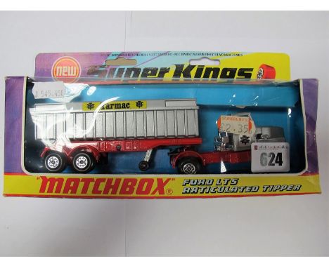 A Window Boxed Matchbox Super Kings #K-18 Diecast Ford LTS Articulated Tipper, silver tipper tarmac brand, circa 1973.