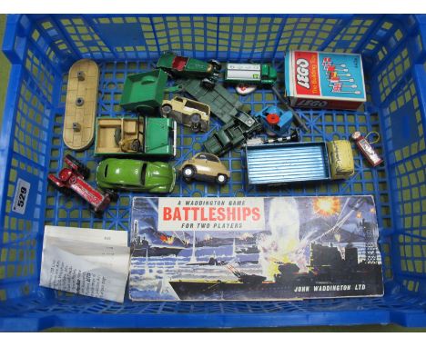 A Varied Accumulation of Playworn Corgi and Dinky Diecast Vehicles, including a Jeep, tractor, ERF lorry and cars, with a box