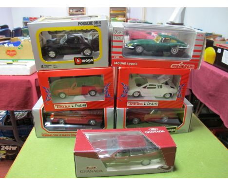 Seven Boxed 1:24th/1:25th Scale Diecast Cars by Burago, Majorette, Tonka Polistil, Schabak, including Burago #0506 Farrari 25