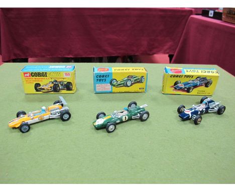 Three Boxed Original Corgi Formula One Race Cars, #155 Lotus-Climax, B.R. green body, yellow stripe, R.N.1, concave hubs, #15