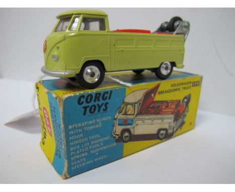 A Boxed Original Corgi #490 Volkswagen Breakdown Truck, light olive green body, red interior and flatbed load, spun hubs, no 