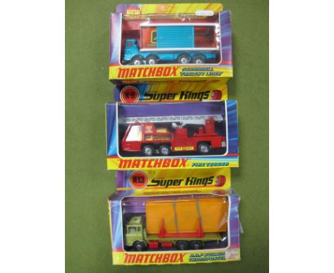 Three Window Boxed matchbox Super Kings Diecast Vehicles, #K-9 Fire Tender 'Denver Fire Dept' circa 1973, unpunched box. #K-1