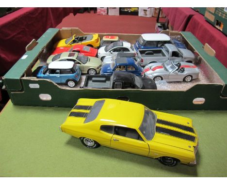 Thirteen Diecast Model Cars of Varying Scale by ERTL, Burago, Maisto, including ERTL 1:18th scale Chevrolet Chevelle 55, Bura