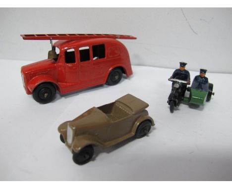 Three Original Dinky Die Cast Vehicles, #42B Police Motorcycle Patrol. All black motorcycle green sidecar, blue figures, thin