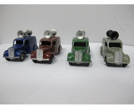 Four Original Dinky #492 Loudspeaker Vans, all type 3 casting. One violet blue body, silver hubs, silver speaker, one brown b