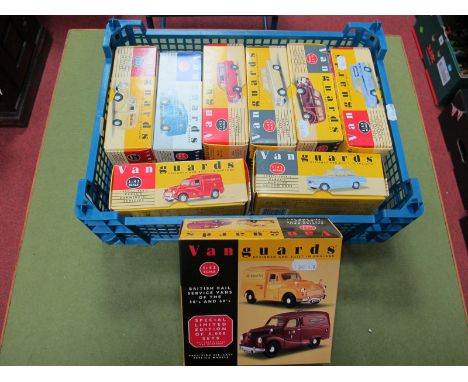 Ten Boxed Vanguards 1:43rd Scale Diecast Vehicles, including #VA11002 Ovaltine, #VA4000 Royal Mail. 