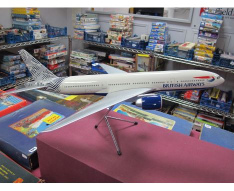 A Space Models 1:100th Scale British Airways Boeing 777 Model Aircraft, on stand. Short lived tail plane livery 'Cranes and W