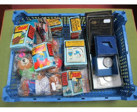 Five Boxed Schleich Smurfs Circa Late 1970's, four 'Agfa' branded soft toys, "OO" scale railway figurines, commemorative crow