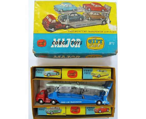 An Original Corgi Gift Set #1, comprising #1101 Bedford Carrimore Car Transporter, red cab, two tone blue rear, silver detail