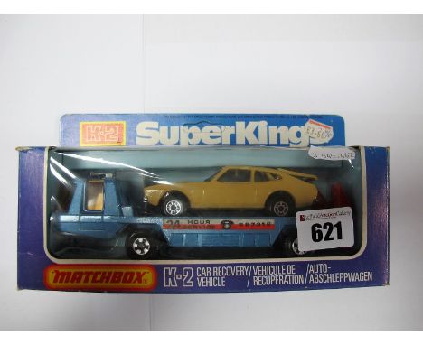 A Window Boxed Matchbox Super Kings Diecast Vehicle Set, #K-2 Car Recovery Vehicle '24 Hour Service' with beige Capri, circa 