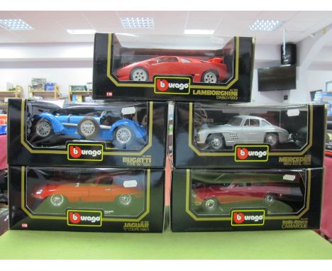 Five Boxed Burago 1:18th and 1:22nd Scale Diecast Cars, including #3013 Mercedes-Benz 3005L (1954), #3001 Rolls Royce Carmarg