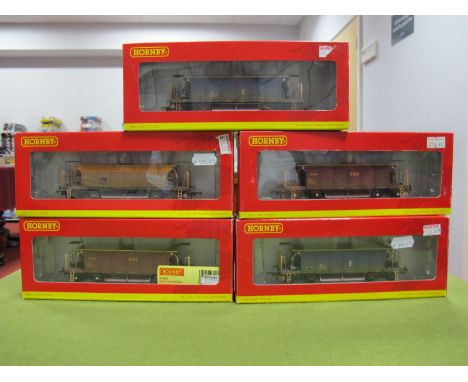 Five Hornby "OO" Gauge Sea Cow Hopper Wagons, (weathered), #R6288B Departmental YG-B, #R6286E EWS YGB, #R6287B Mainline YGB, 