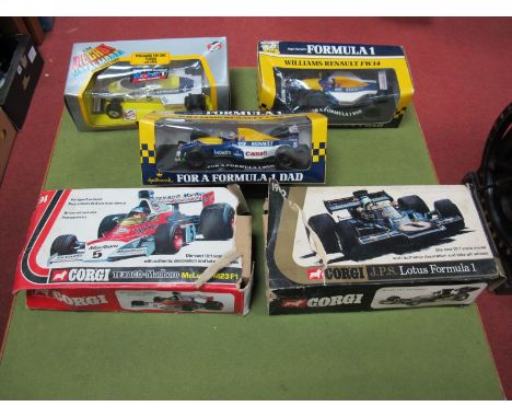 Five Boxed Diecast Model Formula One Cars by Corgi, Burago and Onyx, including Corgi 1:18th Scale Emerson Fittipaldi Texaco M