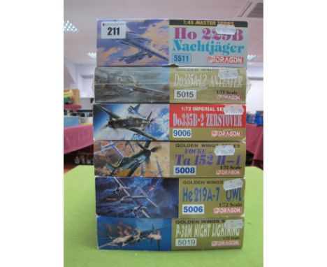 Five Boxed 1:72 Scale Plastic Model Aircraft Kits by Dragon, #5019 P-38M Night Lightning, #5006 HE219A-7 Owl/#5008 Focke-Wulf