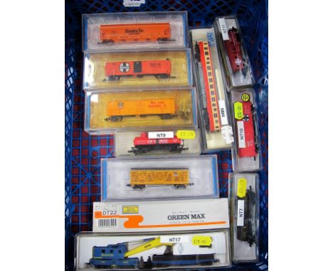 Nine Cased American Outline "N" Gauge Goods Wagons, by Fleischmann and Model Power, all different including Santa Fe crane wi
