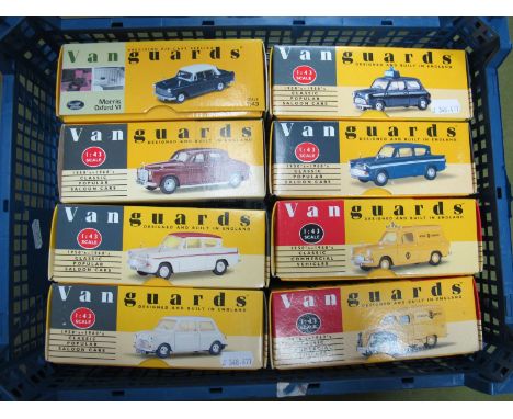 Eight Boxed Vanguards 1:43rd Scale Diecast Vehicles, including #VA4001 Automobile Association, #VA19000 Maroon Rover. 