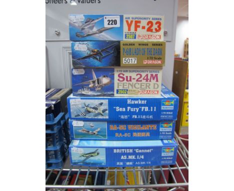 Six Boxed 1:72 Scale Plastic Model Aircraft Kits by Dragon and Trumpeter, Dragon #2507 YF-23, Dragon #5017 P-61B Lady of the 