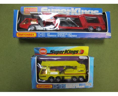Two Window Boxed Matchbox Super Kings Diecast Commercial Vehicles, #K-10 Car Transporter, red, 'Auto Transport', circa late 1