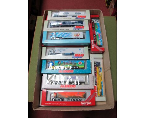 Twenty "HO" Scale German Outline Plastic Commercial Vehicles, by Albedo, AMW Spezial, Herpa, including Bayern Bier Express, P