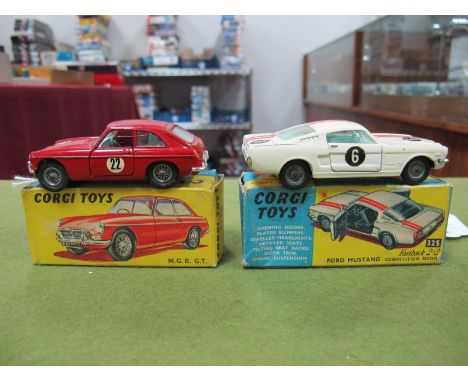 Two Original Boxed Corgi Die Cast Cars, #325 Ford Mustang Fastback 212 Competition Model. White body, double red stripe, ligh