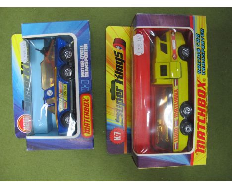 Two Window Boxed Matchbox Super Kings Diecast Vehicles, #K-6 Motorcycle Transporter 'Team Honda', red 'Hondarora' Motorcycle,