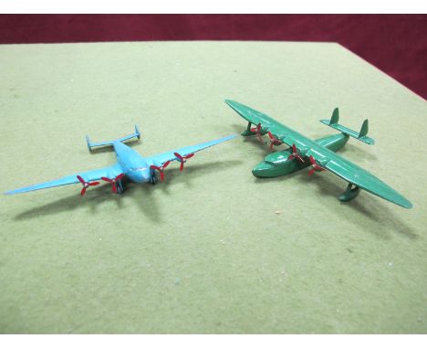 Two Original DInky Aircraft, #60W Flying Boat, green body, red plastic roller, no marking, four three bladed props. Model ver
