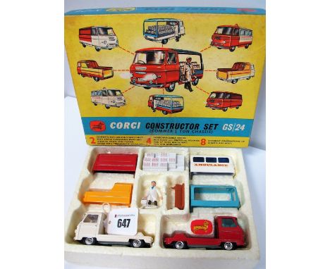 A Boxed Original Corgi Gift Set #24 Commer 3/4 Ton Constructor Set, one white, one red chassis, four bodies, milkman with cra