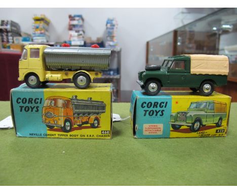 Two Boxed Original Corgi Diecast Vehicles, #438 Land Rover (109" W.B.), dark green body, yellow interior, cream plastic tilt,