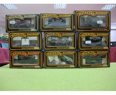 Nine Mainline "OO" Gauge Railway Goods Wagons and Tankers, rolling stock included #37-136 Tank Wagon 'United Molasses', #3740