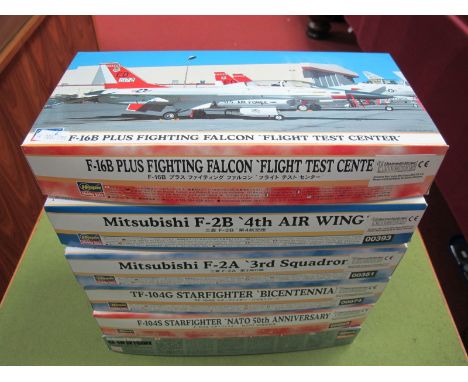 Six Boxed Hasegawa 1:72 Scale Plastic Model Aircraft Kits, #00033 F-16B plus Fighting Falcon 'Flight Test Center', #00393 Mit