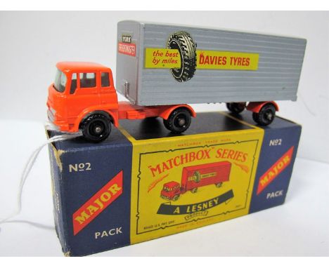 A Boxed Original Matchbox Major Pack #2 Bedford Tractor and York Freightmaster Trailer ' Davies Tyres', orange cab, silver tr