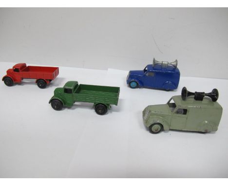 Four Original Dinky Commercial Vehicles, #22C Motor Truck (2), one piece casting, one red body, one green body, both black hu