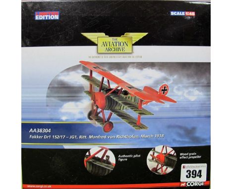 A Boxed Corgi Aviation Archive 1:48th Scale Diecast German World War I Aircraft, #AA38304 Fokker DRI 152/17 - JGI, Ritt. Manf