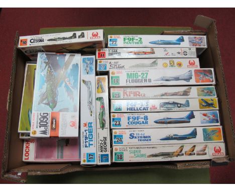 Sixteen Hasegawa 1:72 Scale Military Aircraft Plastic Kits, including Lockheed S.3A Viking, F9F-2 Panther, Super Sabre F-1000