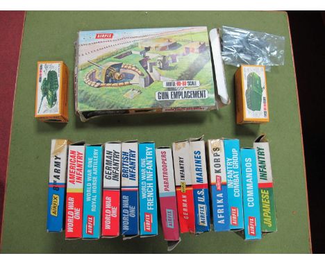 Thirteen Boxed Original Airfix HO/OO Scale Plastic Soldiers, First and Second World War including British, German, American a