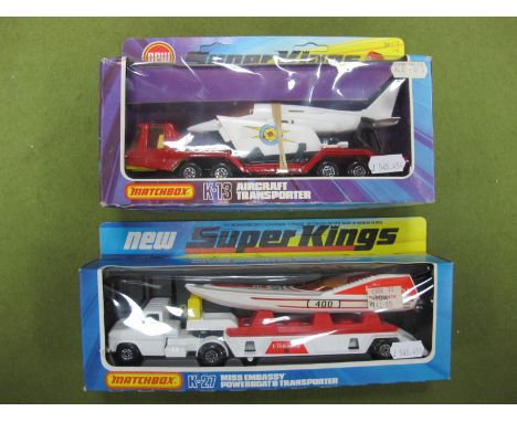 Two Window Boxed Matchbox Super Kings Diecast Vehicles, circa mid to late 1970's #K-13 Aircraft Transporter, red small chips 