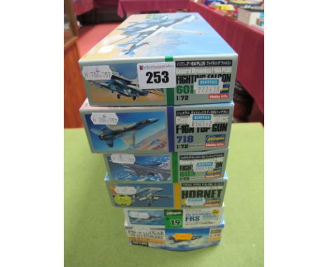 Six Boxed Hasegawa 1:72 Scale Plastic Model Aircraft Kits, #810 McDonnell Douglas F/A-18A Hornet, #603 General Dynamics F-16C