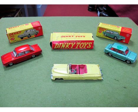 Three Boxed Original Dinky Diecast Cars, #130 Ford Consul Corsair (missing one headlamp), #138 Hillman IMP Saloon, with lugga