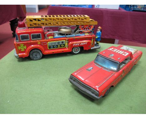 Two 1970 Japanese Tinplate Toys, a Fire Engine, 'Push N Go' with self raising ladder plus a Fire Chief Car, both playworn.