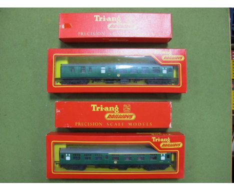 Four Boxed Tri-ang "OO" Gauge Carriages, #R.622 1st/2nd Composite Coach, with seats, BR crested green livery, #R.623 Brake 2n