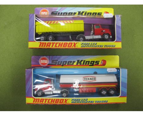 Two Window Boxed Matchbox Super Kings Diecast Commercial Vehicles, #K-16 Ford LTS Articulated Tanker, red, 'Texaco', circa 19